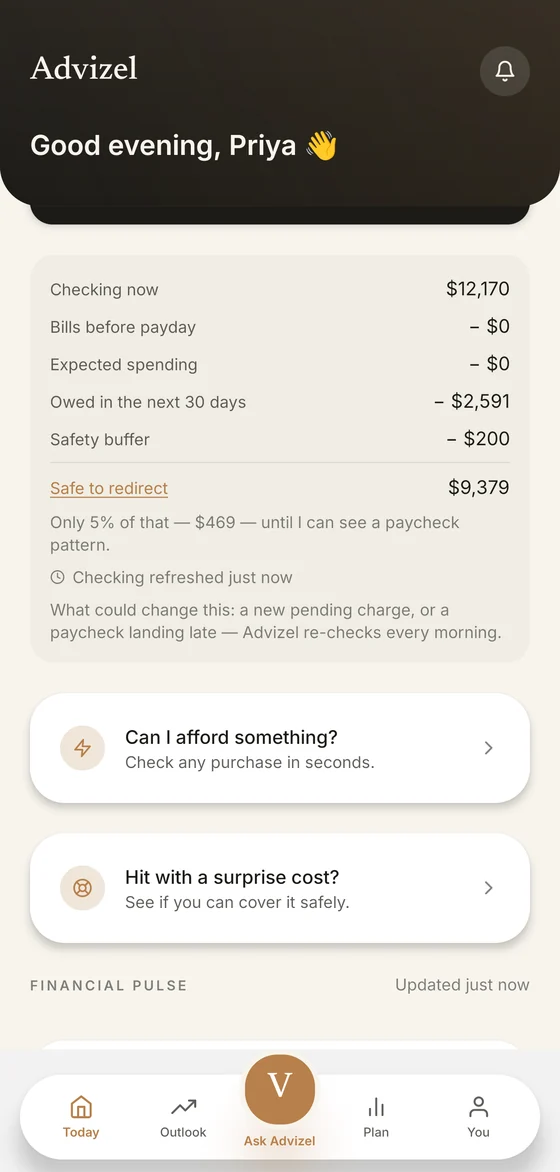 The math drawer, open. It lists Checking now $12,170, Bills before payday minus $0, Expected spending minus $0, Owed in the next 30 days minus $2,591, Safety buffer minus $200, and Safe to redirect $9,379 — then a note that only 5% of that, $469, is suggested until a paycheck pattern is visible.