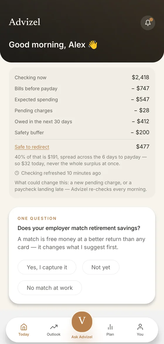 The math drawer, open. It lists Checking now $12,170, Bills before payday minus $0, Expected spending minus $0, Owed in the next 30 days minus $2,591, Safety buffer minus $200, and Safe to redirect $9,379 — then a note that only 5% of that, $469, is suggested until a paycheck pattern is visible.